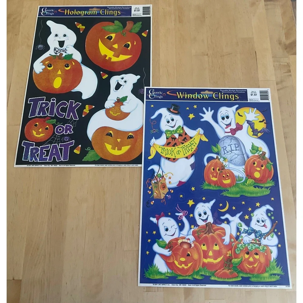 Vintage 2001 Classic Clings Halloween Window Clings Ghosts Pumpkins Hologram 2pk